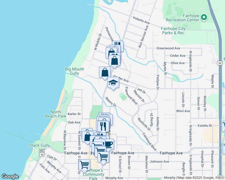 map of restaurants, bars, coffee shops, grocery stores, and more near 408 North Section Street in Fairhope