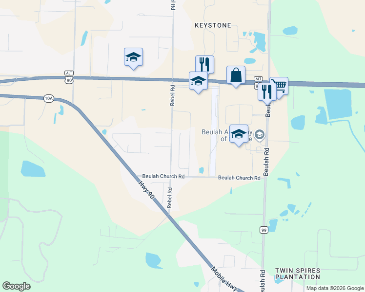 map of restaurants, bars, coffee shops, grocery stores, and more near 9600 Rebel Road in Pensacola