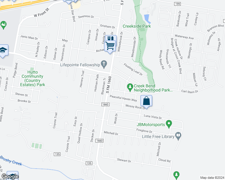 map of restaurants, bars, coffee shops, grocery stores, and more near Lucky Clover Lane in Hutto