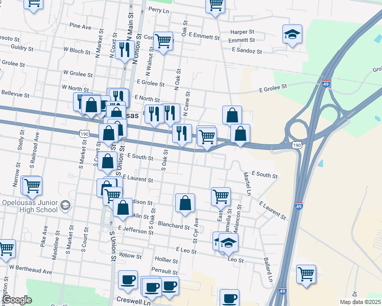 map of restaurants, bars, coffee shops, grocery stores, and more near 723 Ronald Reagan Highway in Opelousas