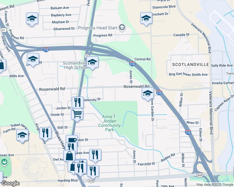 map of restaurants, bars, coffee shops, grocery stores, and more near 1800 Rosenwald Road in Baton Rouge