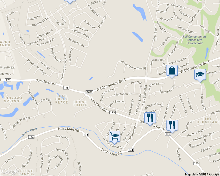 map of restaurants, bars, coffee shops, grocery stores, and more near 3067 Bent Tree Loop in Round Rock