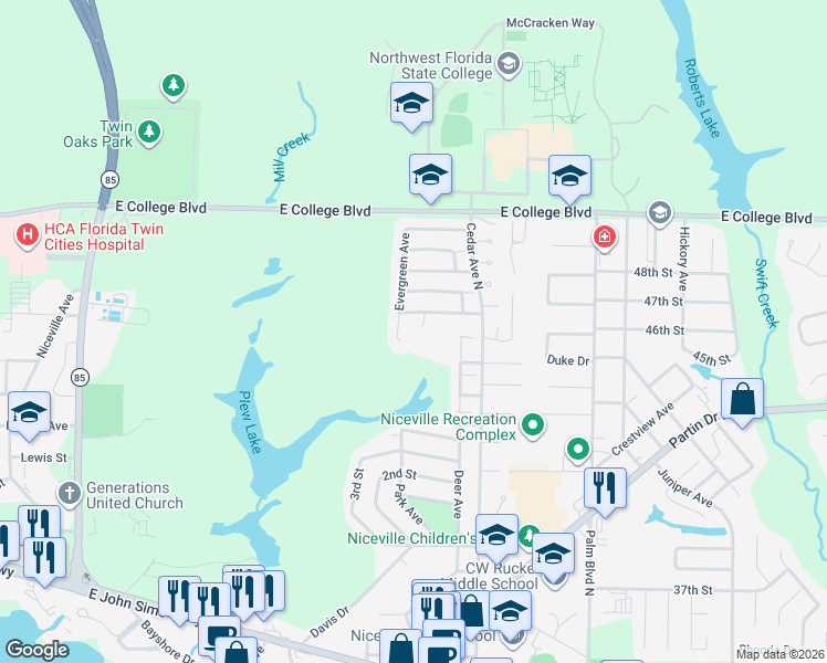 map of restaurants, bars, coffee shops, grocery stores, and more near 216 Evergreen Avenue in Niceville
