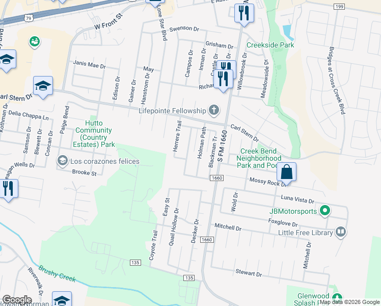 map of restaurants, bars, coffee shops, grocery stores, and more near 217 Holman Path in Hutto