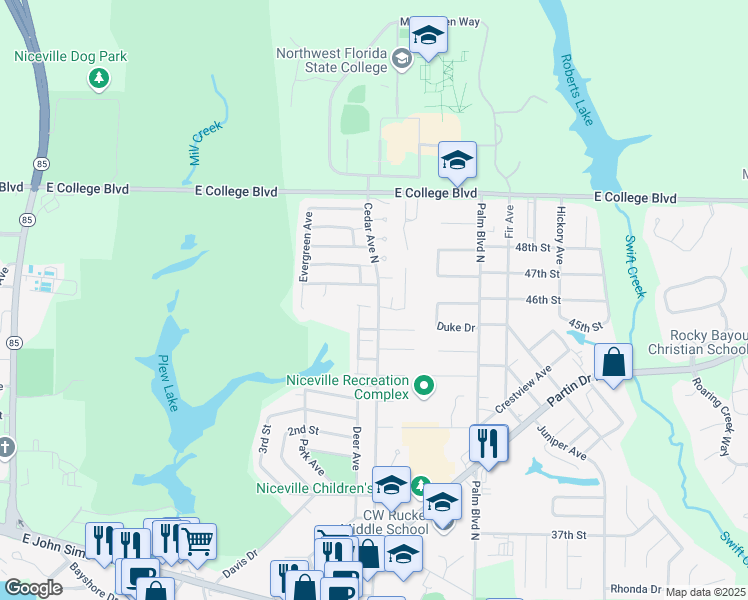 map of restaurants, bars, coffee shops, grocery stores, and more near 525 Springwood Way in Niceville