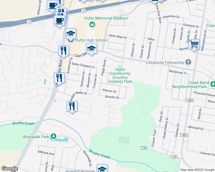 map of restaurants, bars, coffee shops, grocery stores, and more near 400 Country Estates Drive in Hutto