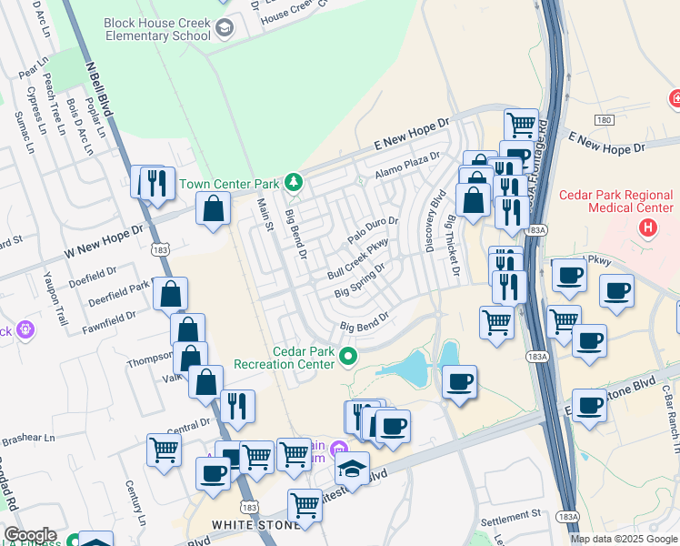 map of restaurants, bars, coffee shops, grocery stores, and more near 656 Bull Creek Parkway in Cedar Park