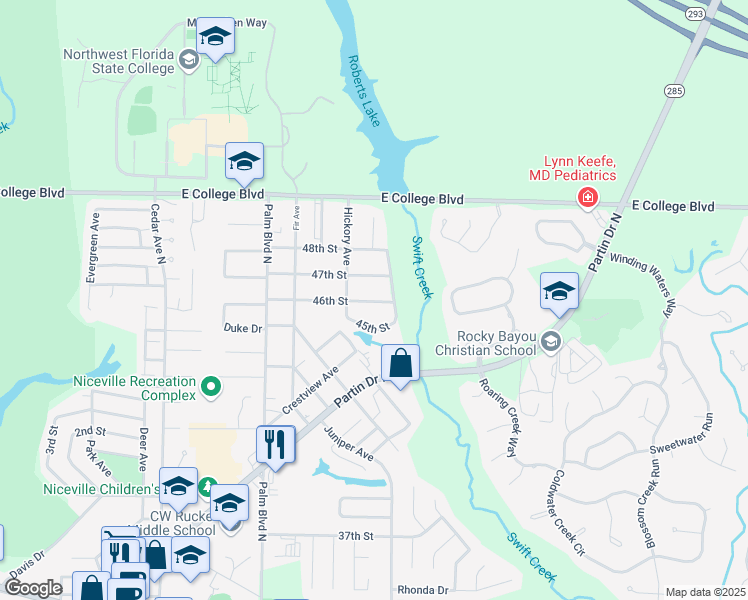 map of restaurants, bars, coffee shops, grocery stores, and more near 1131 46th Street in Niceville