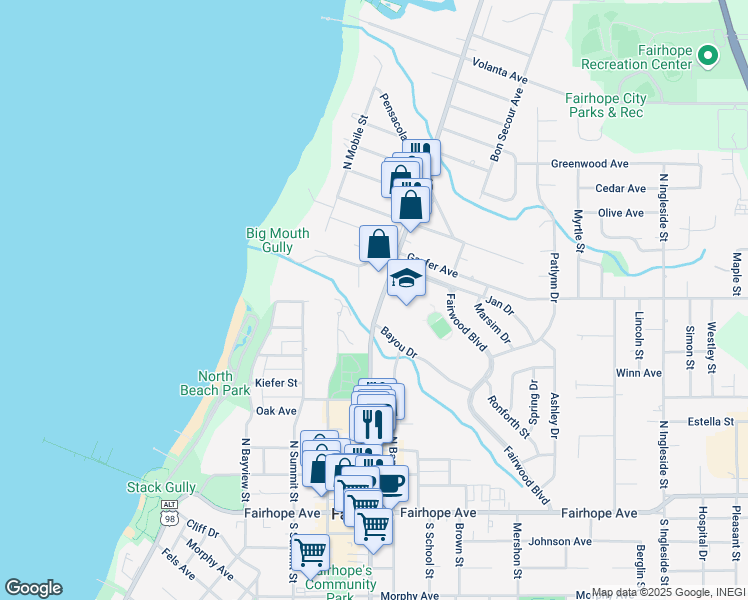 map of restaurants, bars, coffee shops, grocery stores, and more near 303 North Section Street in Fairhope