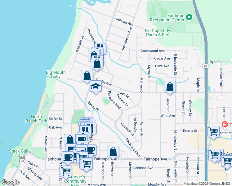 map of restaurants, bars, coffee shops, grocery stores, and more near 458 Jan Drive in Fairhope