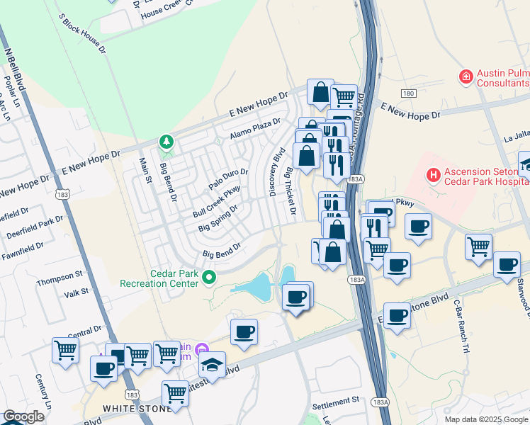 map of restaurants, bars, coffee shops, grocery stores, and more near 1509 Discovery Boulevard in Cedar Park