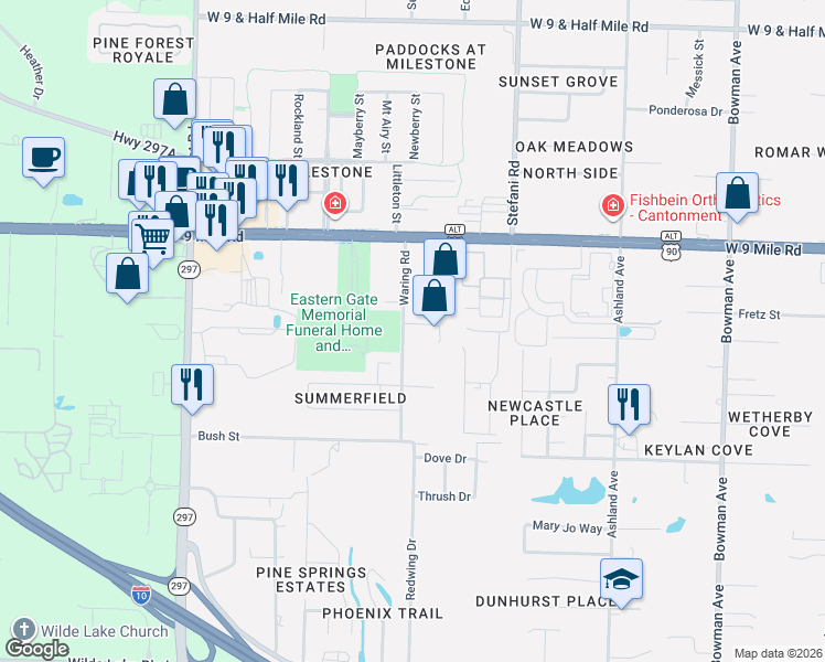 map of restaurants, bars, coffee shops, grocery stores, and more near 1811 Blackbird Lane in Pensacola