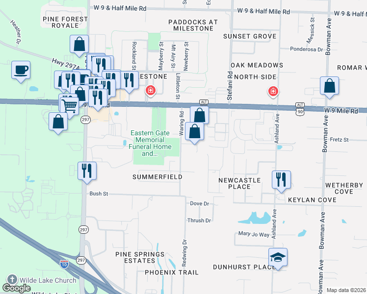 map of restaurants, bars, coffee shops, grocery stores, and more near 1811 Blackbird Lane in Pensacola