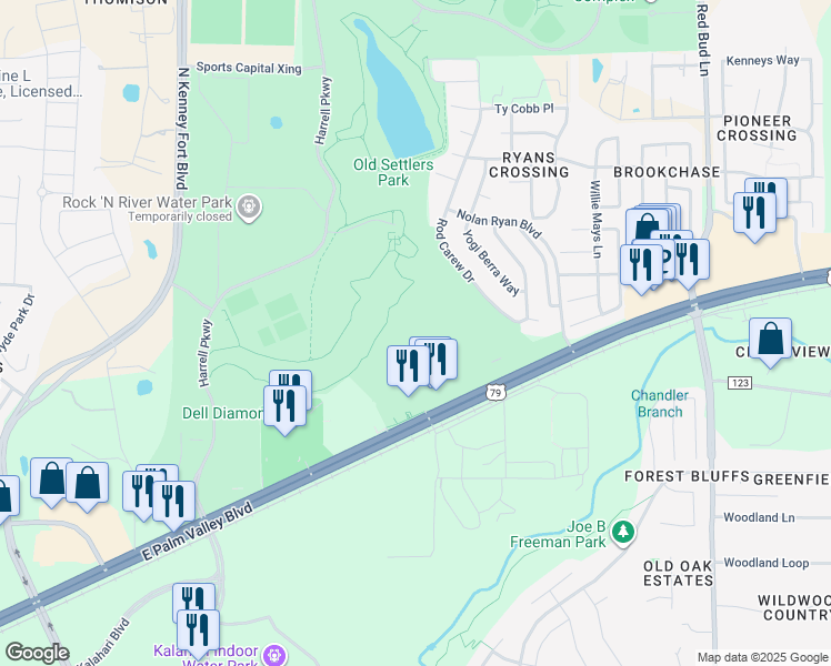 map of restaurants, bars, coffee shops, grocery stores, and more near 3750 East Palm Valley Boulevard in Round Rock