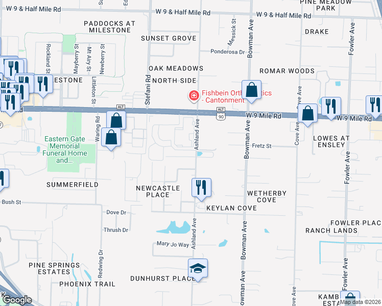 map of restaurants, bars, coffee shops, grocery stores, and more near 1408 Dunhurst Drive in Pensacola