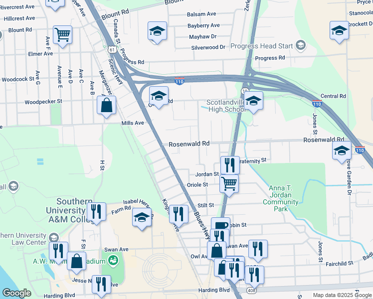 map of restaurants, bars, coffee shops, grocery stores, and more near 1040 Rosenwald Road in Baton Rouge