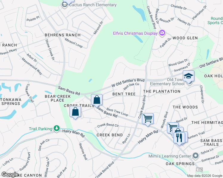 map of restaurants, bars, coffee shops, grocery stores, and more near 3067 Bent Tree Loop in Round Rock