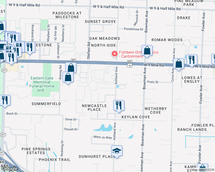 map of restaurants, bars, coffee shops, grocery stores, and more near 1408 Dunhurst Drive in Pensacola