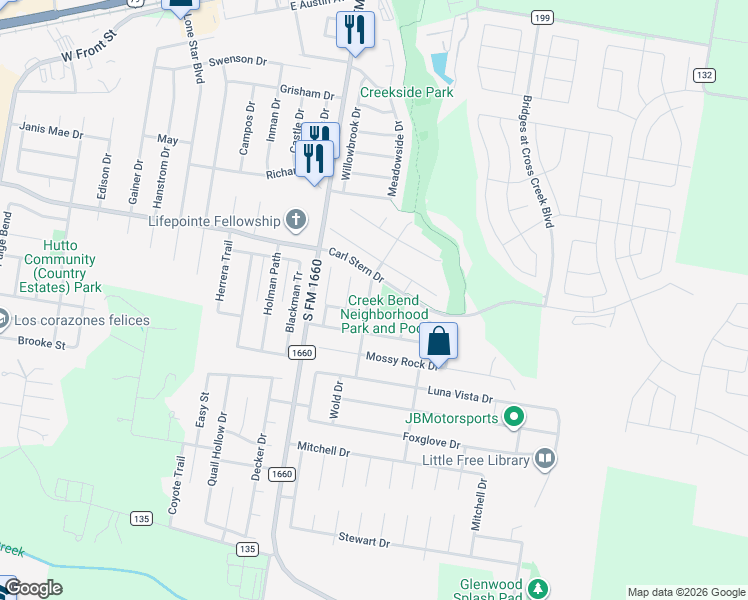map of restaurants, bars, coffee shops, grocery stores, and more near 110 South Creekbend Drive in Hutto