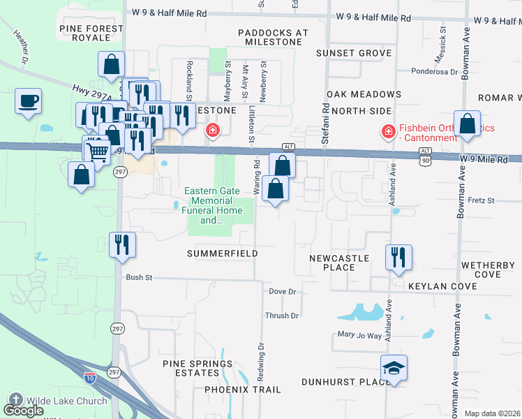 map of restaurants, bars, coffee shops, grocery stores, and more near 1811 Blackbird Lane in Pensacola