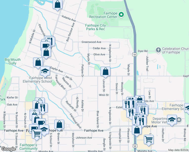 map of restaurants, bars, coffee shops, grocery stores, and more near 701 Gayfer Avenue in Fairhope