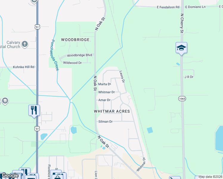 map of restaurants, bars, coffee shops, grocery stores, and more near 78 Whitmar Drive in Hammond