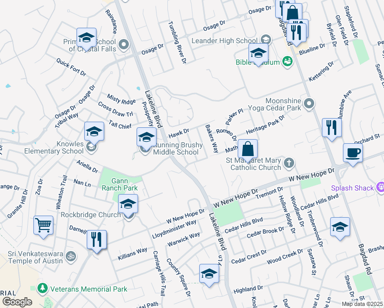 map of restaurants, bars, coffee shops, grocery stores, and more near 2207 John Tee Drive in Cedar Park