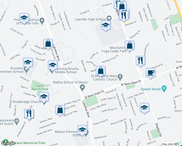 map of restaurants, bars, coffee shops, grocery stores, and more near 1400 Mathias Street in Cedar Park