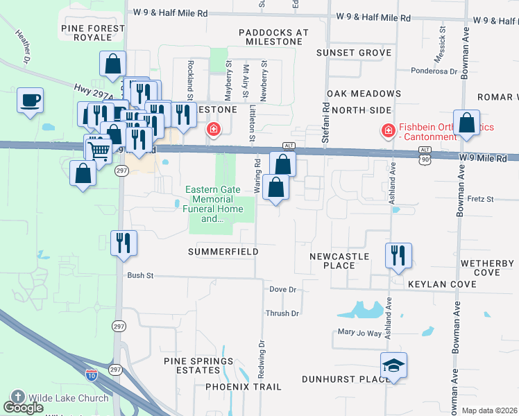 map of restaurants, bars, coffee shops, grocery stores, and more near 1811 Blackbird Lane in Pensacola