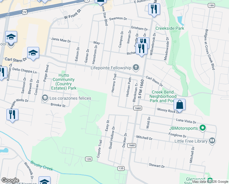 map of restaurants, bars, coffee shops, grocery stores, and more near 222 Herrera Trail in Hutto