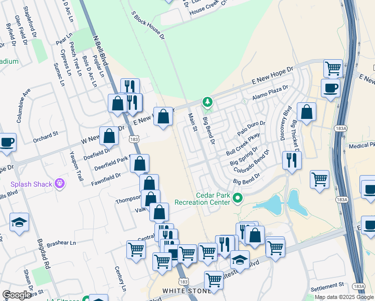map of restaurants, bars, coffee shops, grocery stores, and more near 1715 Lost Maples Loop in Cedar Park
