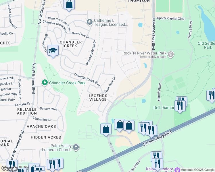 map of restaurants, bars, coffee shops, grocery stores, and more near 1124 Hyde Park Drive in Round Rock