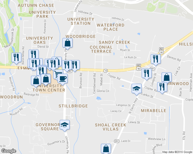 map of restaurants, bars, coffee shops, grocery stores, and more near 9260 Camberwell Road in Pensacola