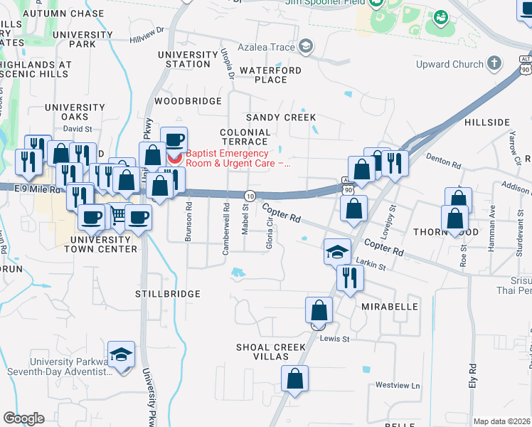 map of restaurants, bars, coffee shops, grocery stores, and more near 2101 Copter Road in Pensacola