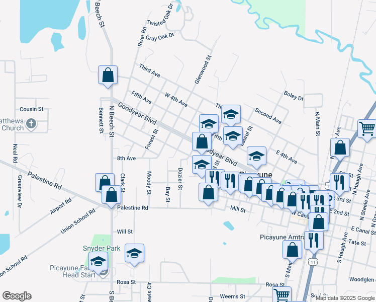 map of restaurants, bars, coffee shops, grocery stores, and more near 301111 Goodyear Boulevard in Picayune