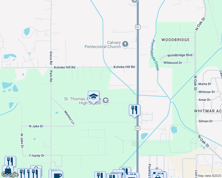 map of restaurants, bars, coffee shops, grocery stores, and more near 14548 Honeysuckle Street in Hammond