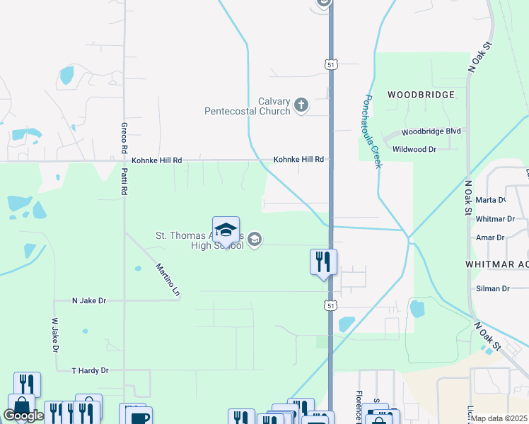 map of restaurants, bars, coffee shops, grocery stores, and more near 14532 Honeysuckel Street in Hammond