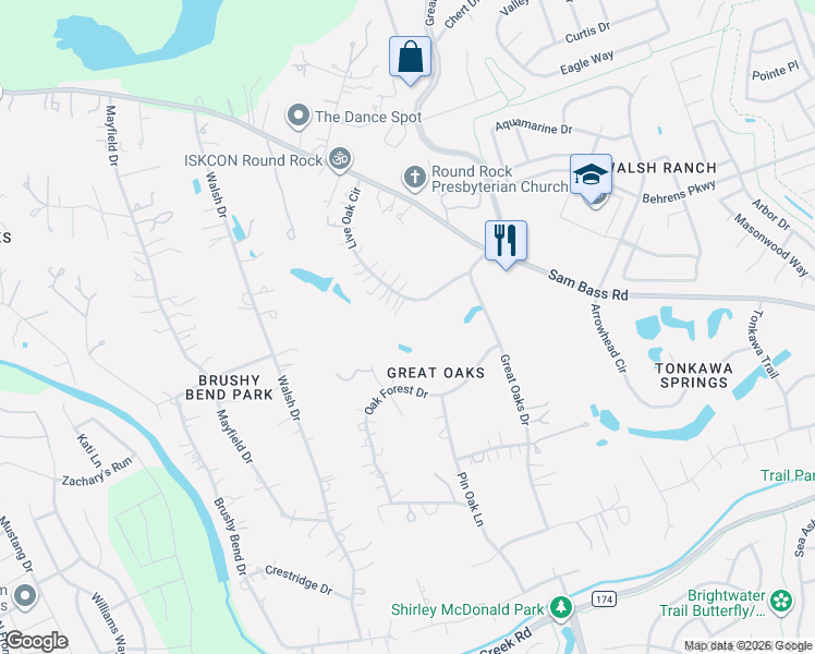map of restaurants, bars, coffee shops, grocery stores, and more near 2114 Live Oak Circle in Round Rock