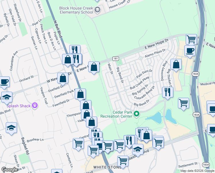 map of restaurants, bars, coffee shops, grocery stores, and more near 1715 Lost Maples Loop in Cedar Park