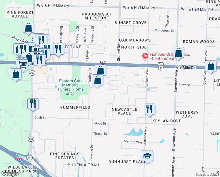 map of restaurants, bars, coffee shops, grocery stores, and more near 1900 Bush Street in Pensacola