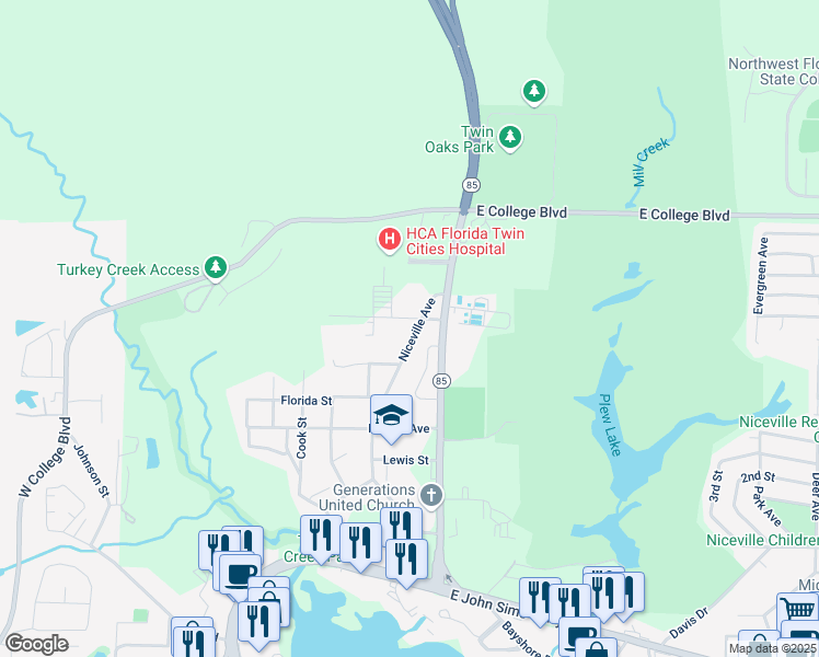 map of restaurants, bars, coffee shops, grocery stores, and more near 412 Niceville Avenue in Niceville