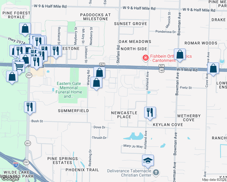 map of restaurants, bars, coffee shops, grocery stores, and more near 1900 Bush Street in Pensacola