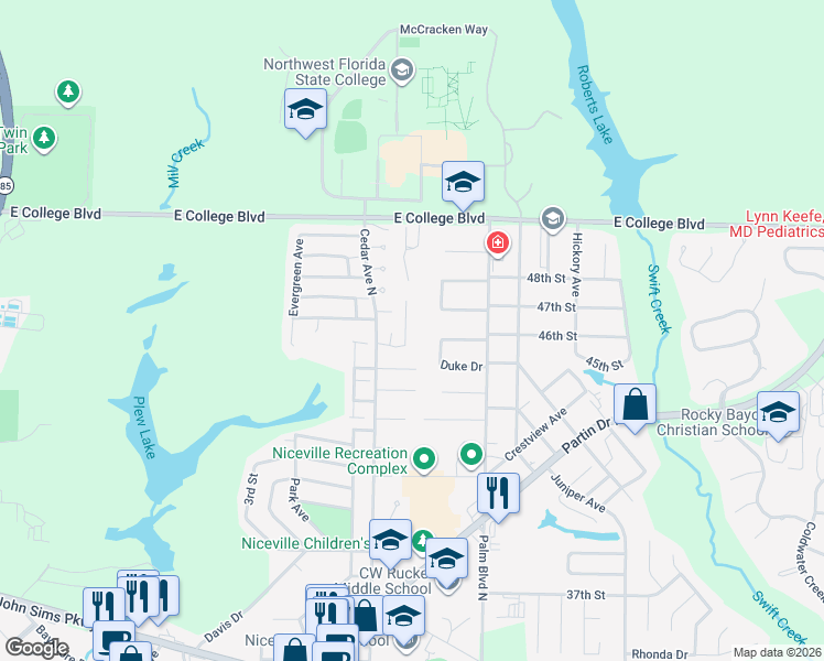map of restaurants, bars, coffee shops, grocery stores, and more near 111 Poplar Pl in Niceville