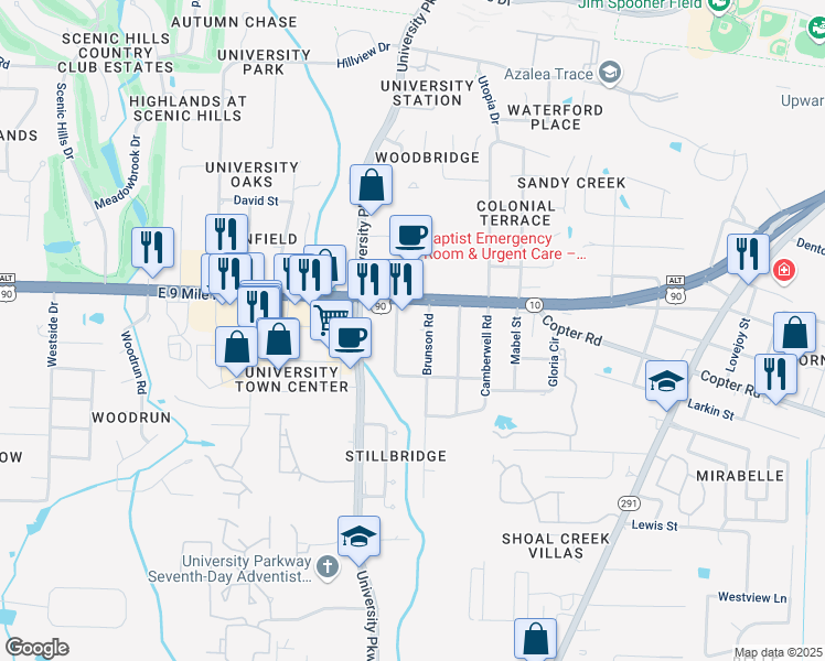 map of restaurants, bars, coffee shops, grocery stores, and more near 9375 Brunson Road in Pensacola