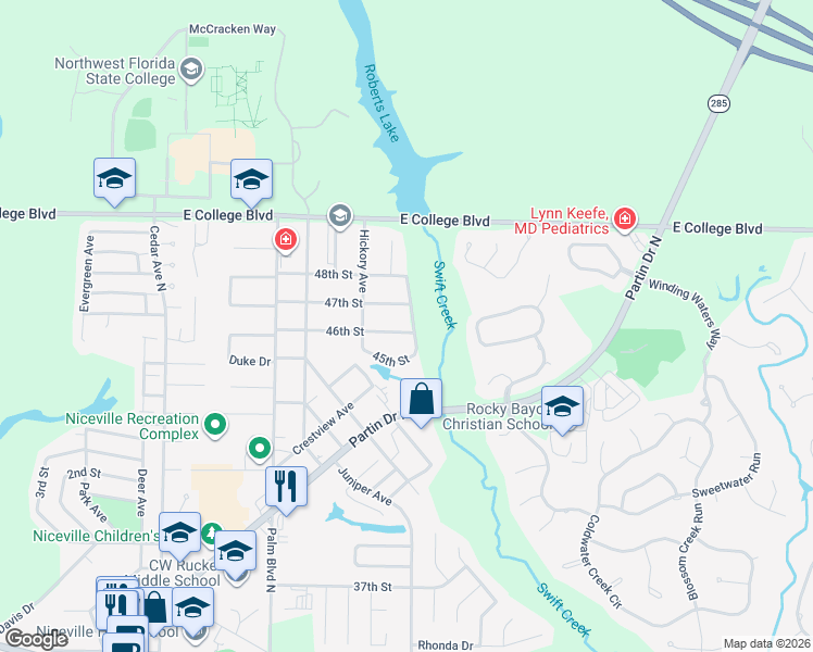 map of restaurants, bars, coffee shops, grocery stores, and more near 1131 46th Street in Niceville