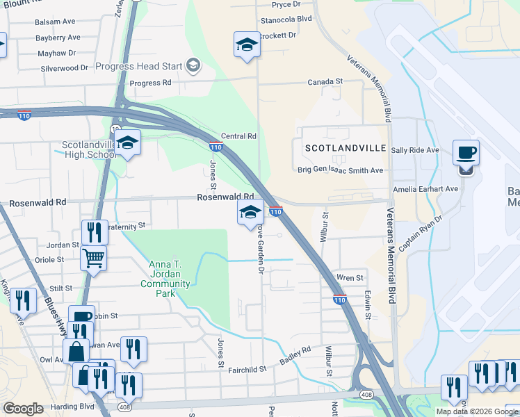 map of restaurants, bars, coffee shops, grocery stores, and more near 9147 Elm Grove Garden Drive in Baton Rouge