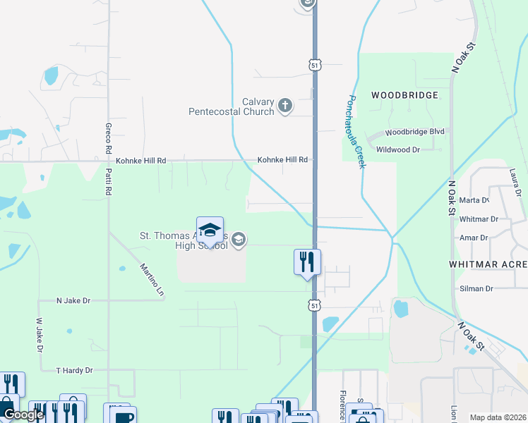 map of restaurants, bars, coffee shops, grocery stores, and more near 14548 Honeysuckle Street in Hammond