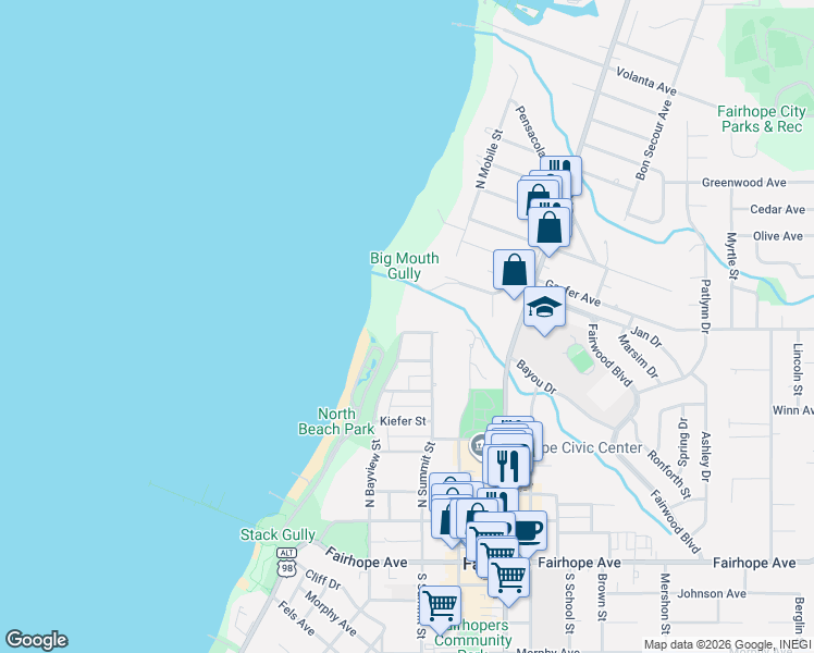 map of restaurants, bars, coffee shops, grocery stores, and more near 103 North Avenue in Fairhope