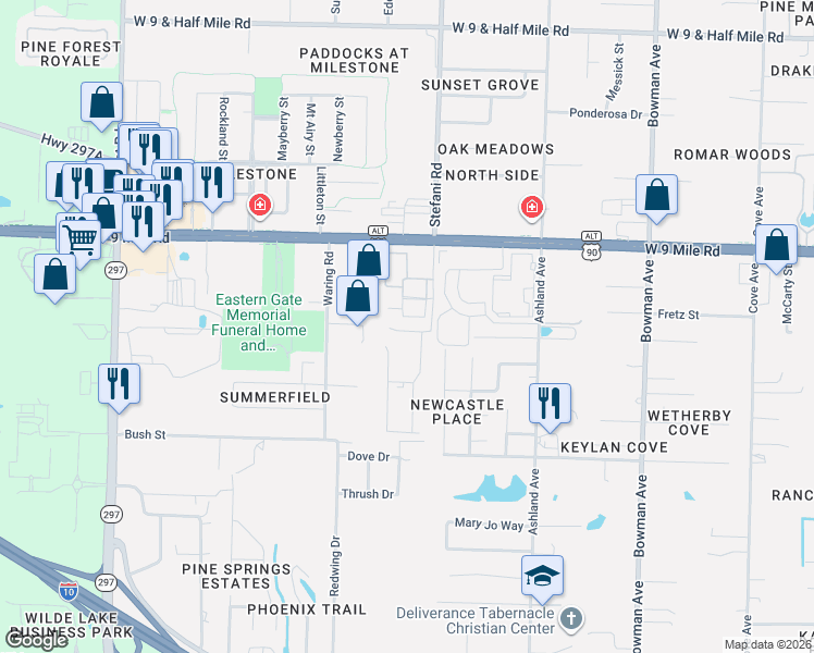 map of restaurants, bars, coffee shops, grocery stores, and more near 1900 Bush Street in Pensacola