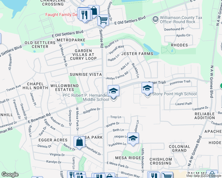 map of restaurants, bars, coffee shops, grocery stores, and more near 1611 Vera Way in Round Rock